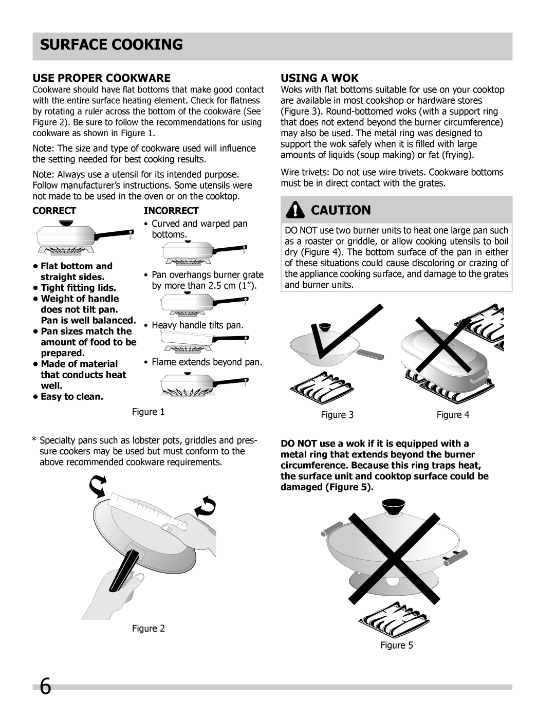 Frigidaire FFGC2605LW, FFGC3005LW, FFGC3603LW manual Surface cooking, Use Proper Cookware, Using a wok, Correctincorrect 