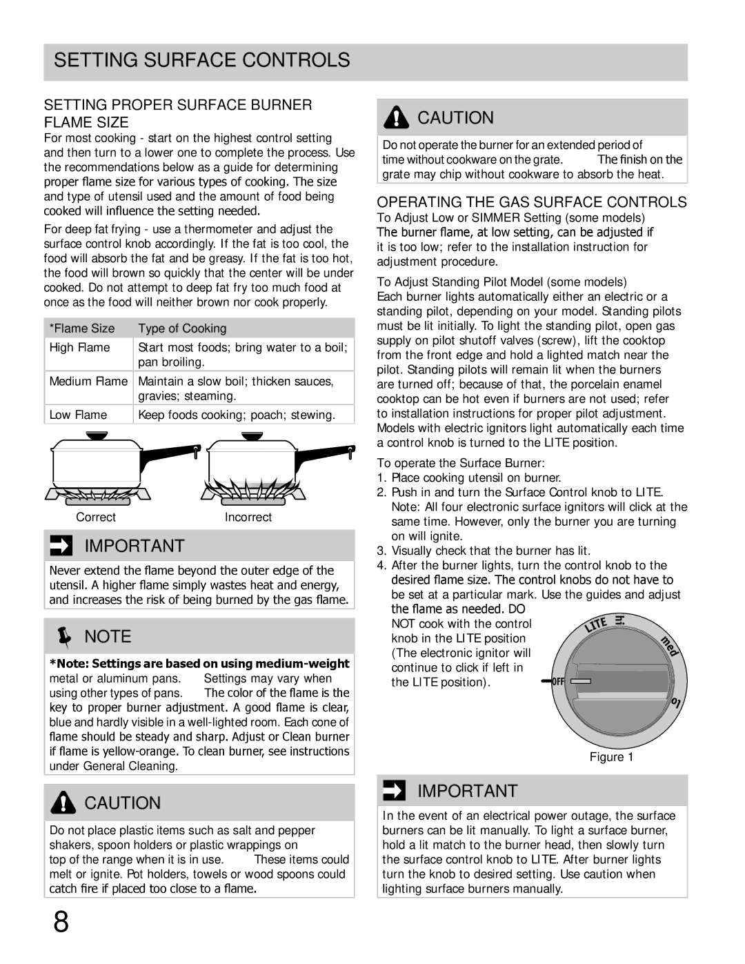 Frigidaire FFGC3603LW manual Setting surface controls, Setting Proper Surface Burner Flame Size, Flame Size Type of Cooking 