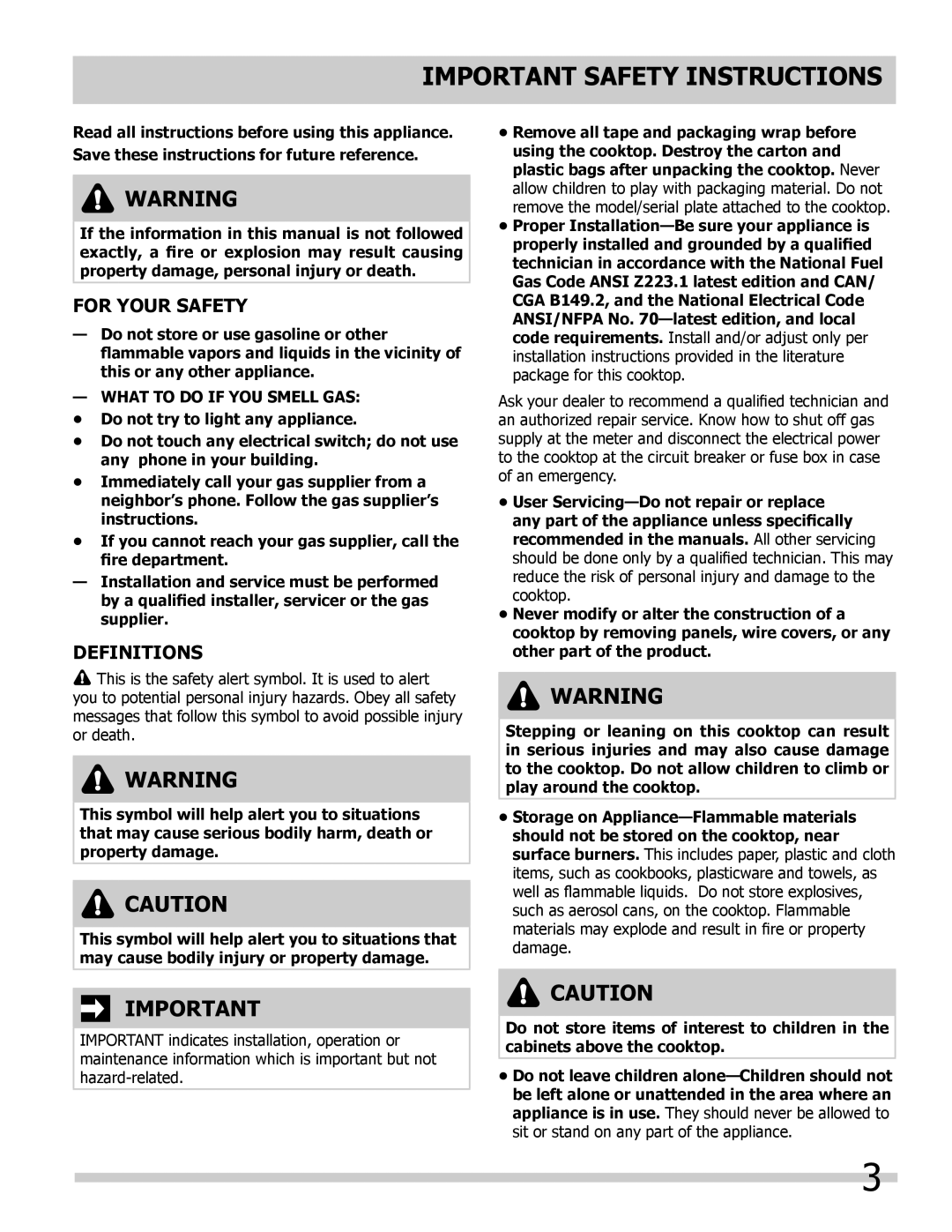 Frigidaire FFGC2605LW, FFGC3005LW, FFGC3603LW manual Important Safety Instructions, For Your Safety, Definitions 