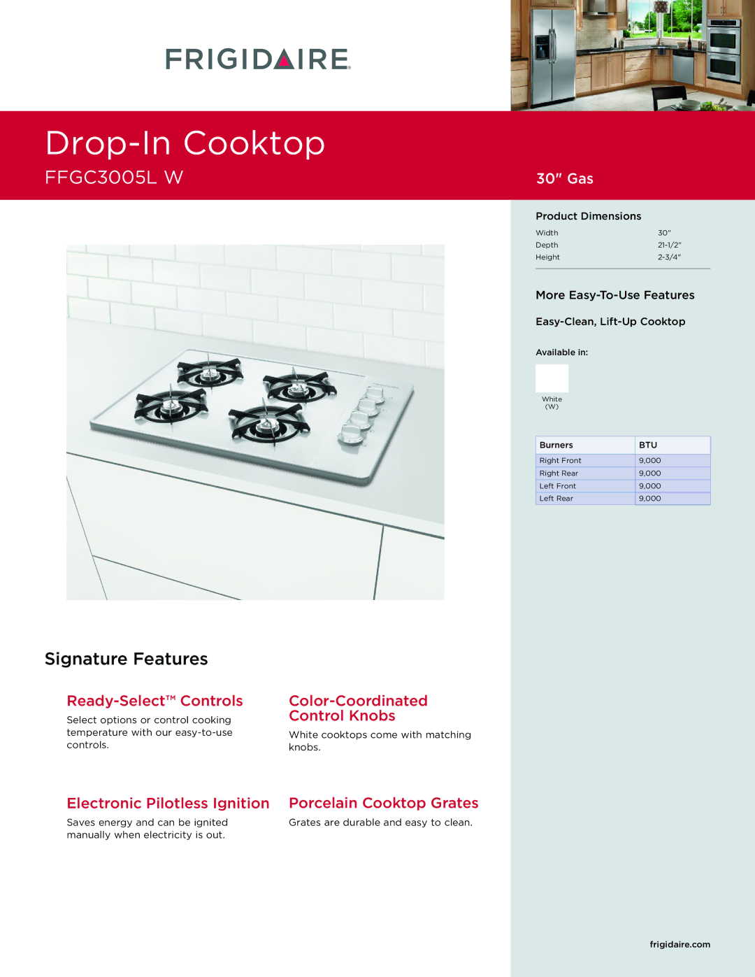 Frigidaire FFGC3005LW dimensions Available, Burners, Frigidaire.com 