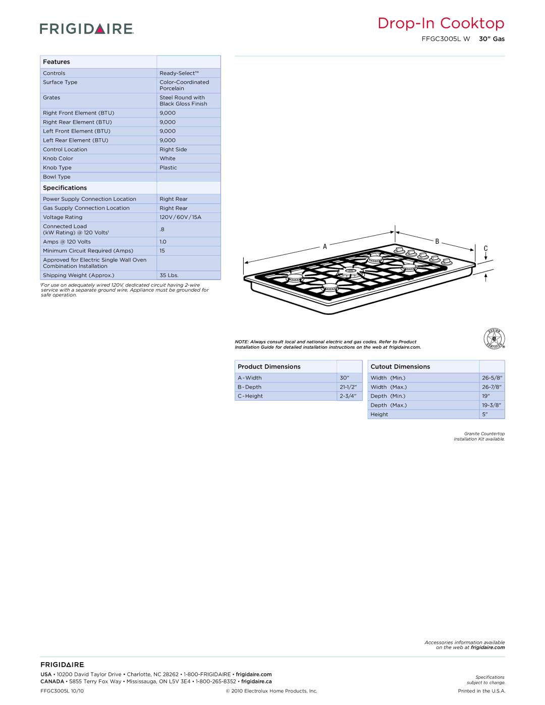 Frigidaire FFGC3005LW dimensions Features, Specifications, Product Dimensions, Cutout Dimensions 