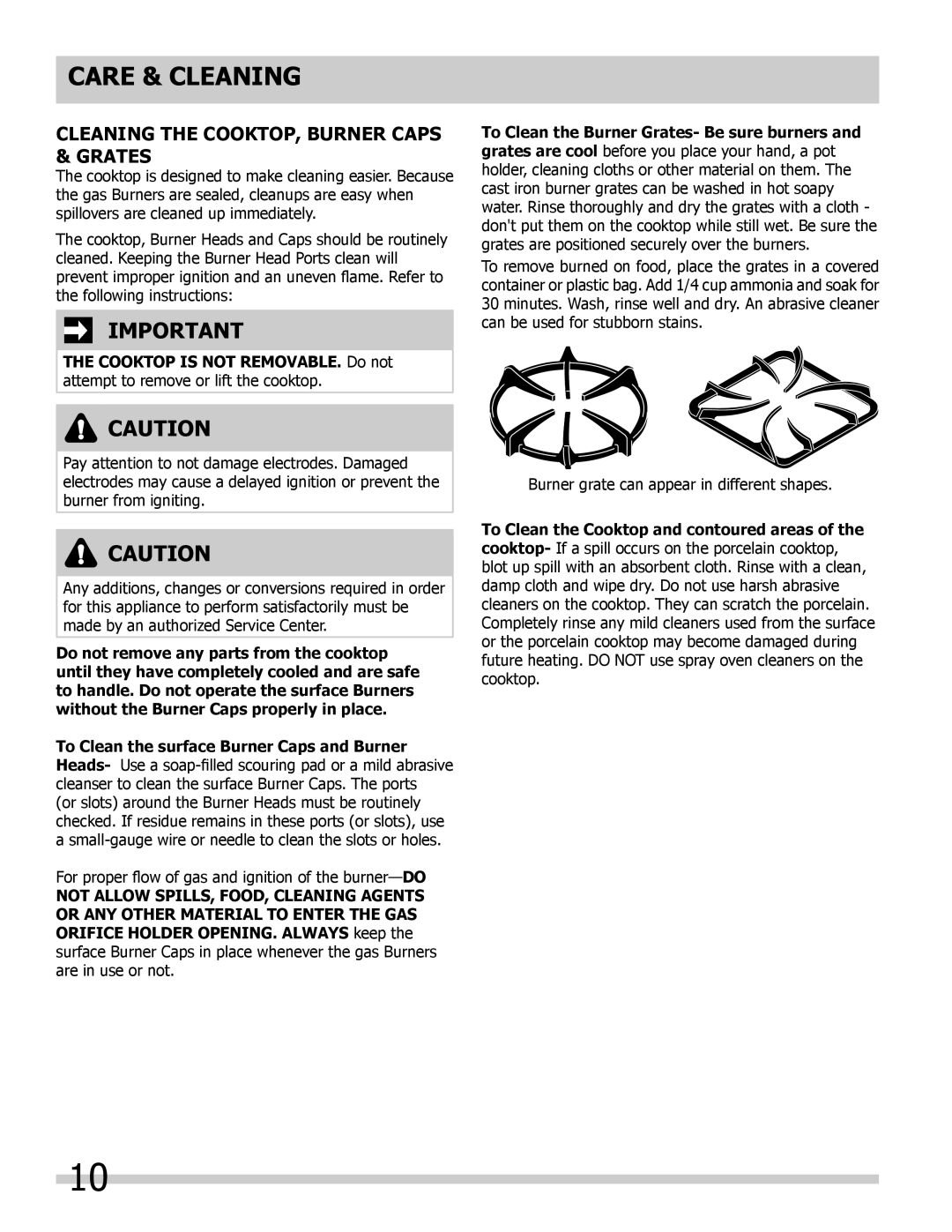 Frigidaire FFGC3613LB, FFGC3613LS, FFGC3625LS, FFGC3015LB Care & cleaning, Cleaning the Cooktop, Burner Caps Grates 