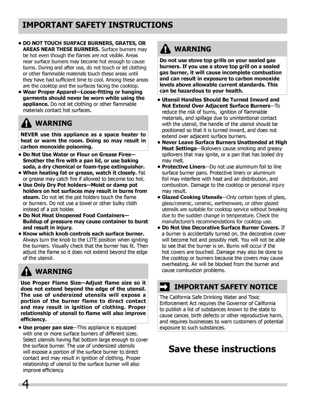 Frigidaire FFGC3025LW, FFGC3613LS, FFGC3625LS, FFGC3015LB, FFGC3625LW, FFGC3025LB, FFGC3613LW Important Safety Notice 