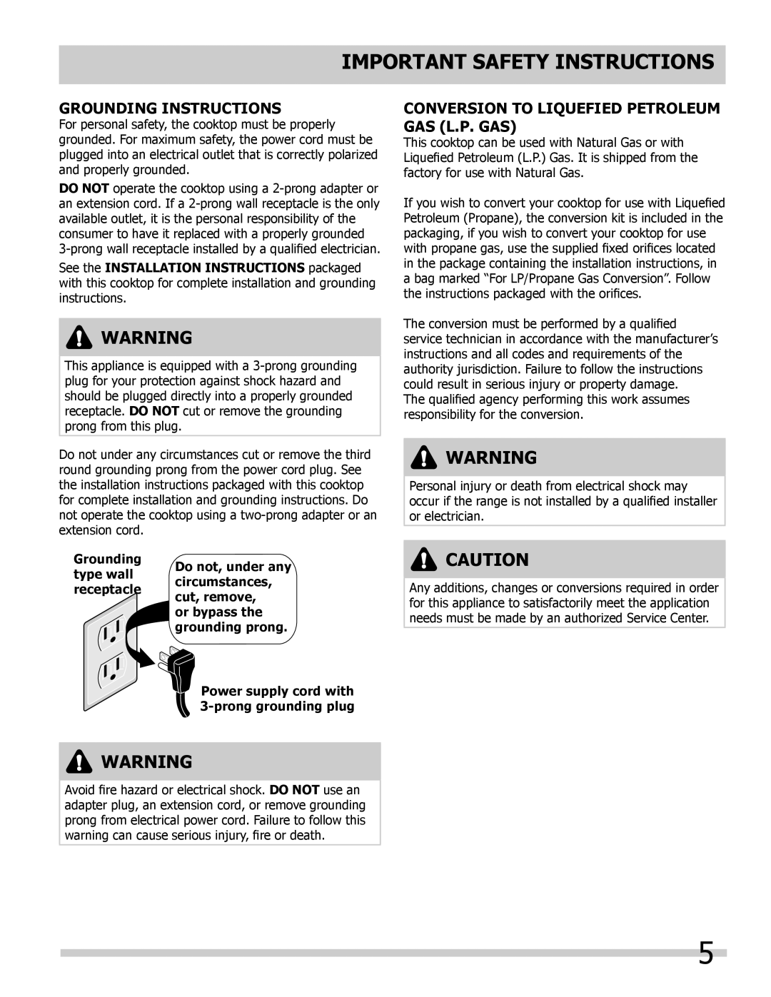 Frigidaire FFGC3025LB, FFGC3613LS, FFGC3625LS Grounding Instructions, Conversion to Liquefied Petroleum Gas L.P. Gas 