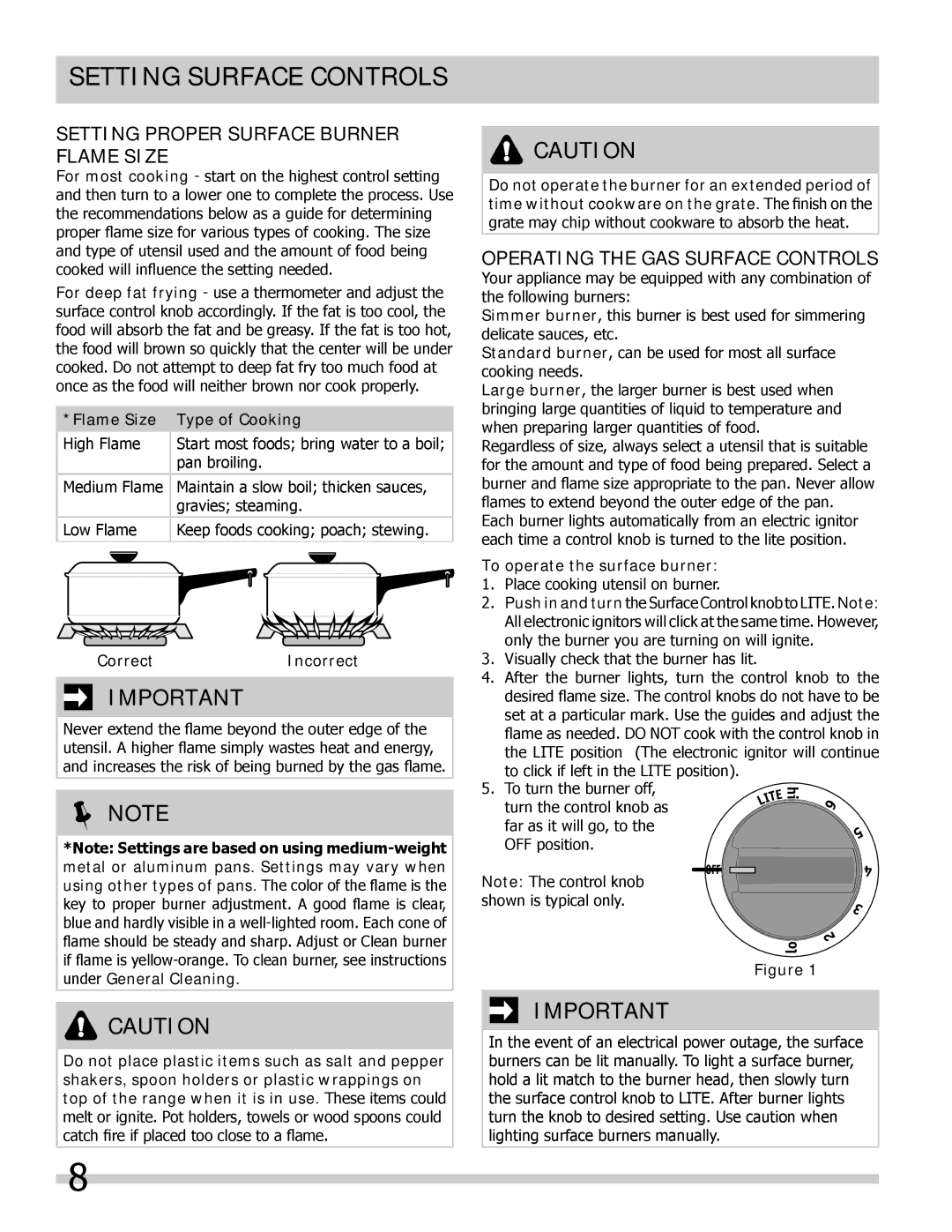 Frigidaire FFGC3015LS, FFGC3613LS, FFGC3625LS, FFGC3015LB Setting surface controls, Setting Proper Surface Burner Flame Size 