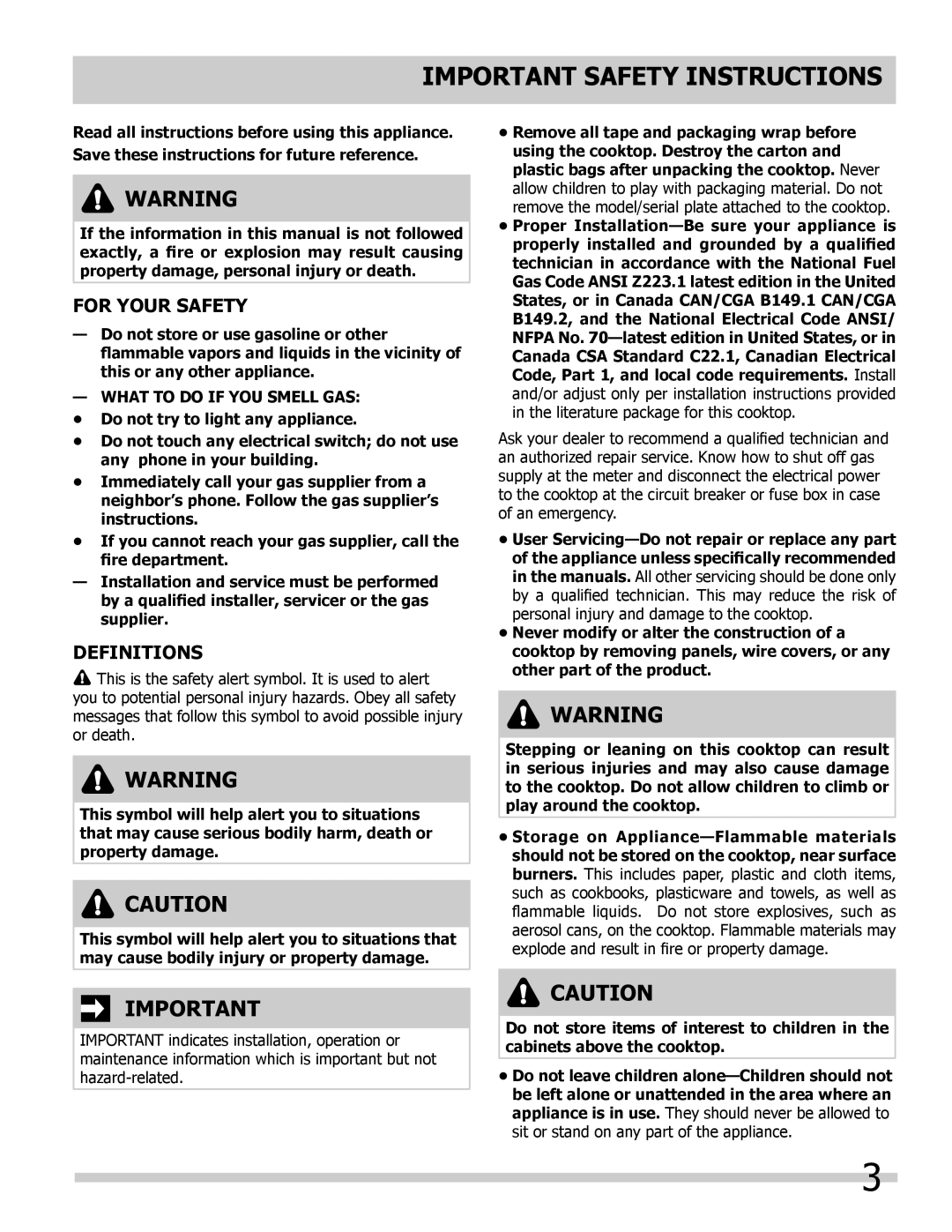 Frigidaire FFGC3625LW, FFGC3613LS, FFGC3625LS, FFGC3015LB Important Safety Instructions, For Your Safety, Definitions 