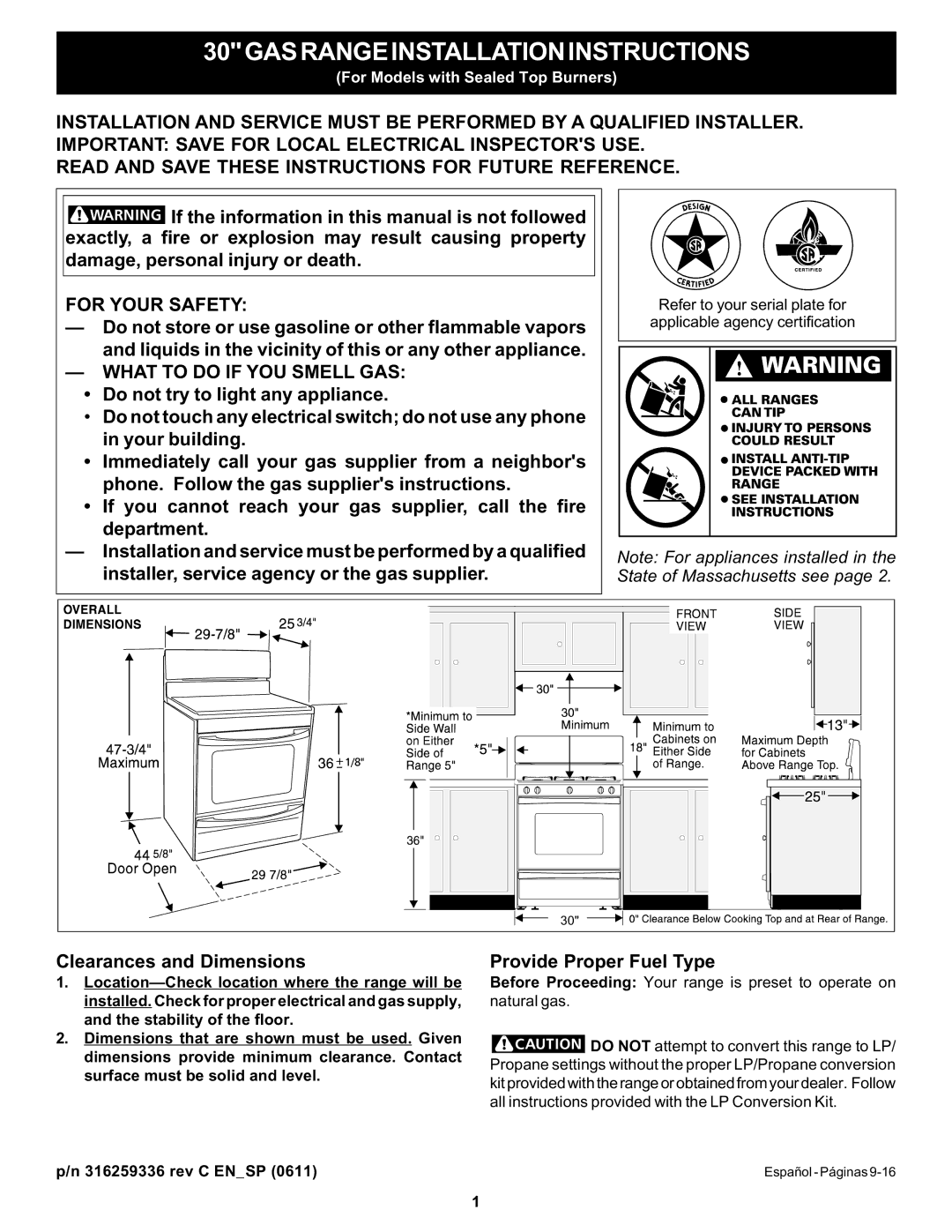 Frigidaire FFGF3005MW manual For Your Safety, What to do if YOU Smell GAS, Clearances and Dimensions 