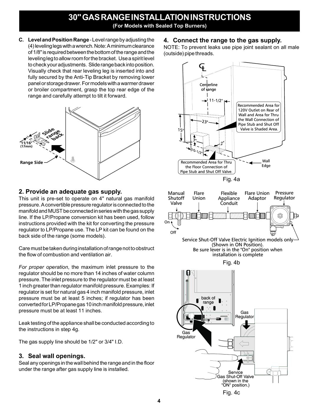 Frigidaire FFGF3005MW manual Seal wall openings, Level and Position Range Level range by adjusting 