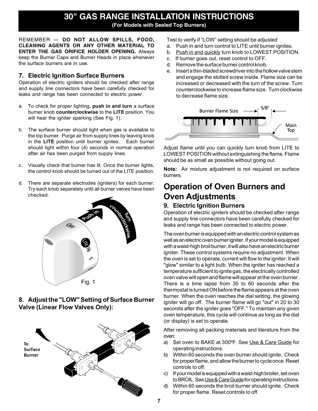 Frigidaire FFGF3005MW manual Operation of Oven Burners and Oven Adjustments, Electric Ignition Surface Burners 