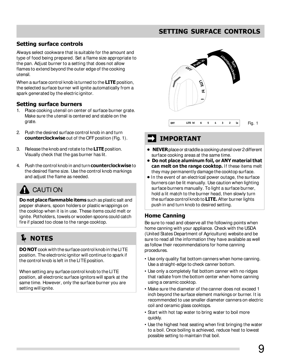 Frigidaire FFGF3011LB Setting Surface Controls, Setting surface controls, Setting surface burners, Home Canning 