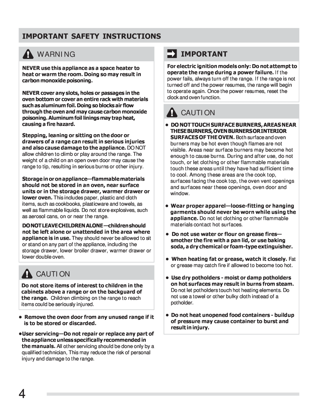 Frigidaire FFGF3011LW, FFGF3011LB important safety instructions Important Safety Instructions 
