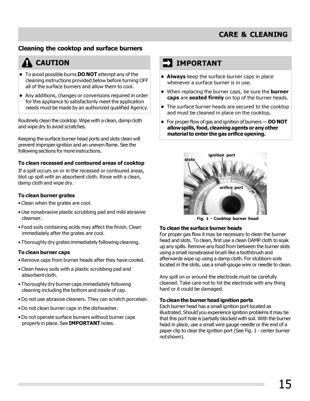 Frigidaire FFGF3017LB, FFGF3017LW important safety instructions Cleaning the cooktop and surface burners 