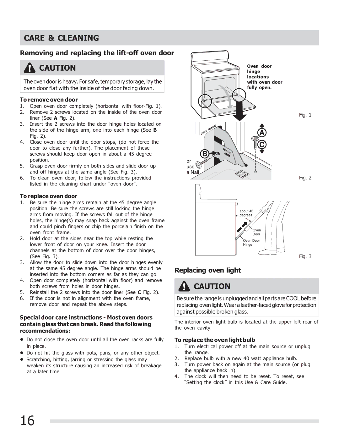 Frigidaire FFGF3017LW, FFGF3017LB Removing and replacing the lift-off oven door, Replacing oven light, To remove oven door 