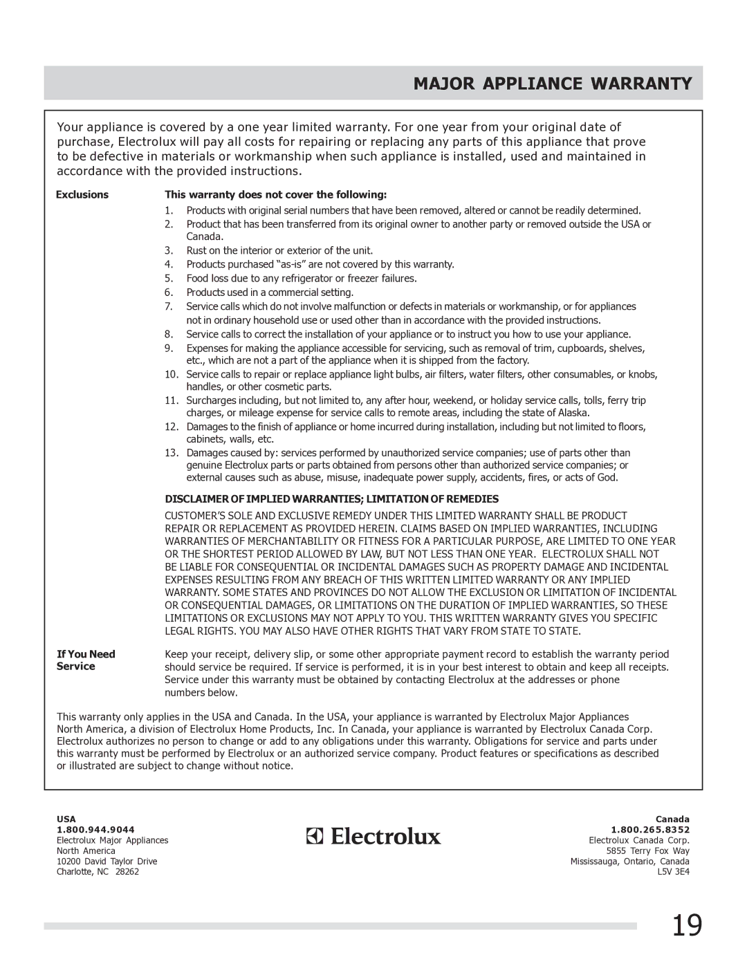 Frigidaire FFGF3017LB, FFGF3017LW Major Appliance Warranty, Exclusions This warranty does not cover the following 