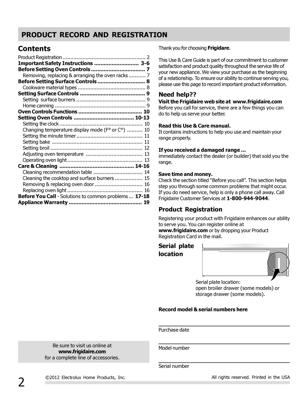 Frigidaire FFGF3017LW, FFGF3017LB important safety instructions Product Record and Registration, Contents 