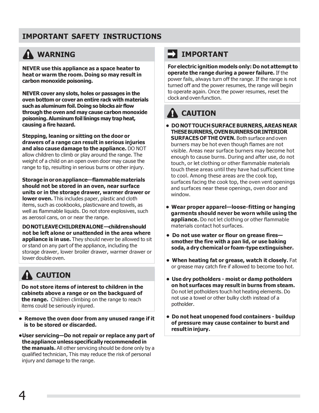 Frigidaire FFGF3017LW, FFGF3017LB important safety instructions Important Safety Instructions 