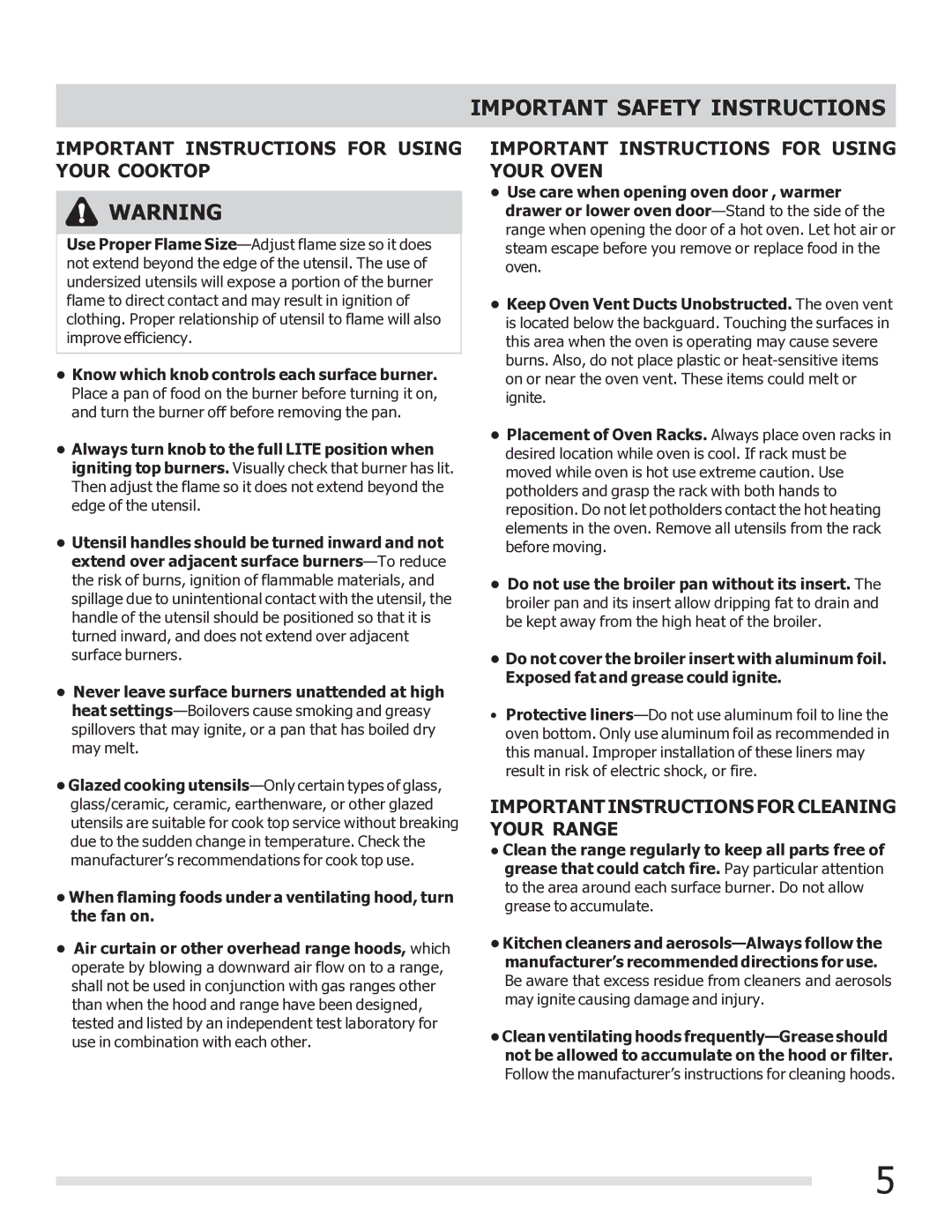 Frigidaire FFGF3017LB, FFGF3017LW important safety instructions Important Instructions for Using Your Cooktop 