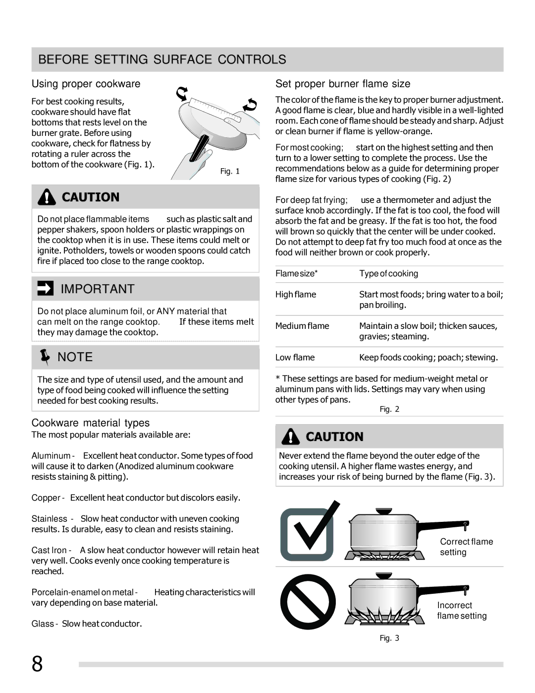 Frigidaire FFGF3017LW, FFGF3017LB Before Setting Surface Controls, Using proper cookware Set proper burner flame size 