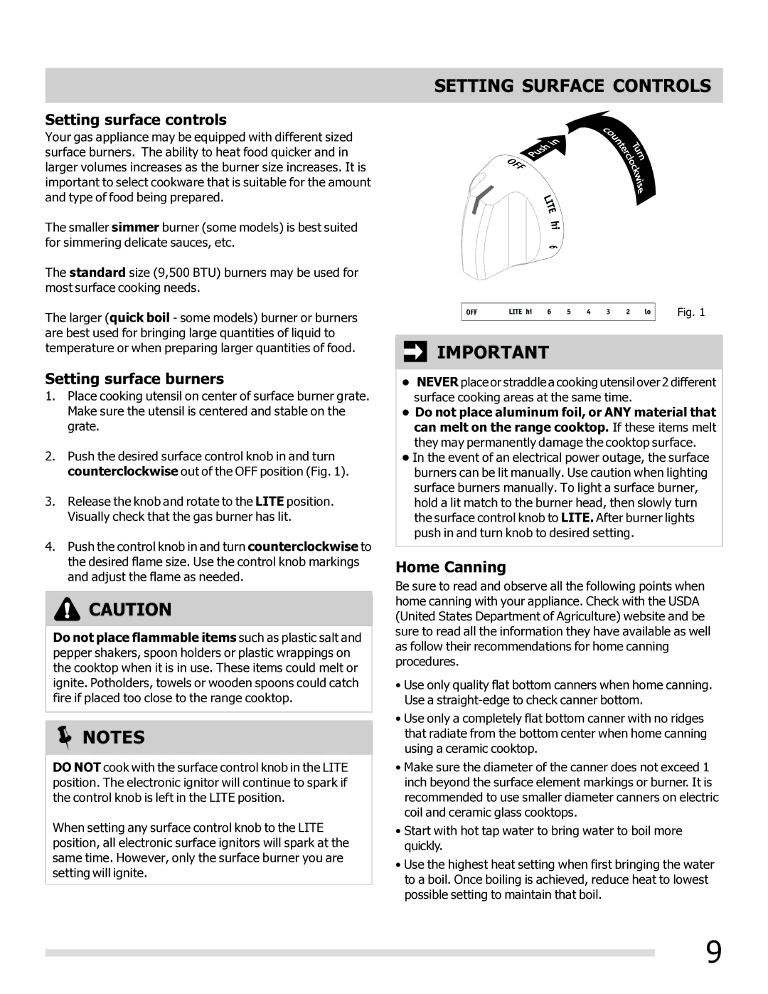 Frigidaire FFGF3017LB Setting Surface Controls, Setting surface controls, Setting surface burners, Home Canning 