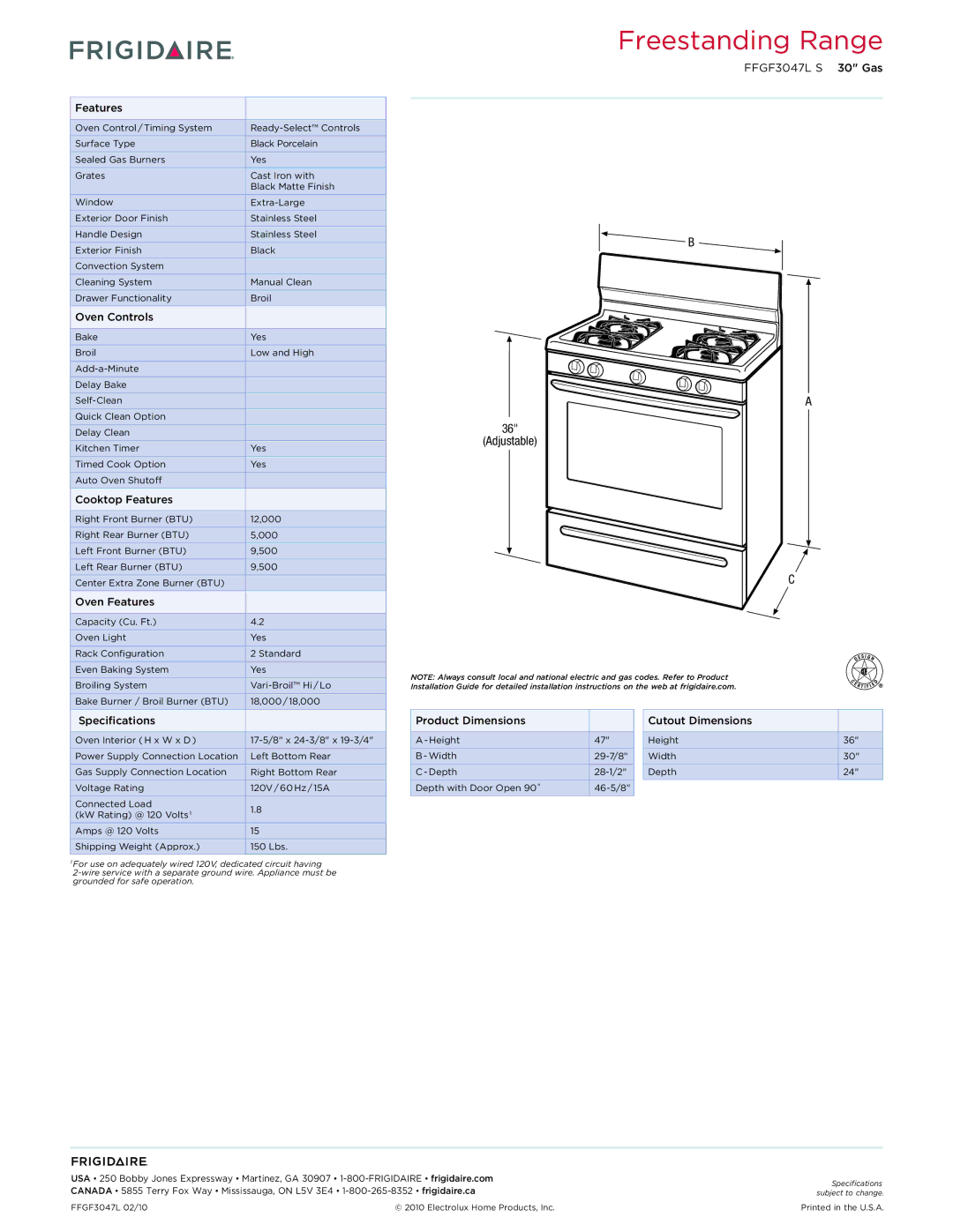 Frigidaire FFGF3047L S dimensions Oven Controls, Cooktop Features, Oven Features, Specifications 