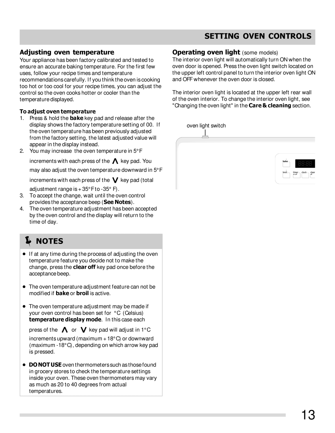 Frigidaire FFGFE3047LS-PKG Adjusting oven temperature, Operating oven light some models, To adjust oven temperature 