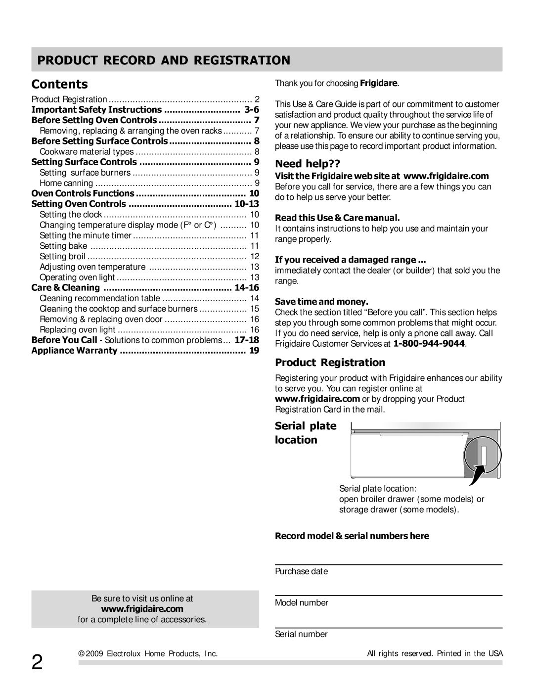 Frigidaire FFGF3019LW, FFGF3047LS, FFGFE3047LS-PKG, FFGF3049LS, FFGF3017LW Product Record and Registration, Contents 