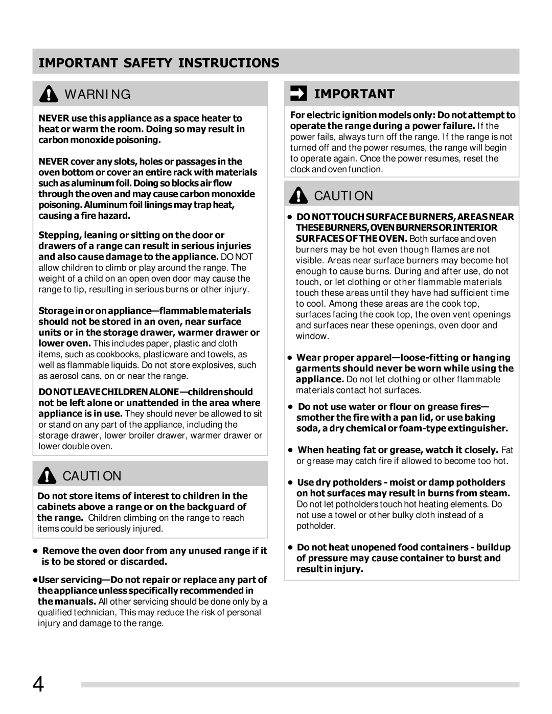 Frigidaire FFGF3017LW, FFGF3047LS, FFGFE3047LS-PKG, FFGF3019LW, FFGF3049LS, FFGF3017LS Important Safety Instructions 