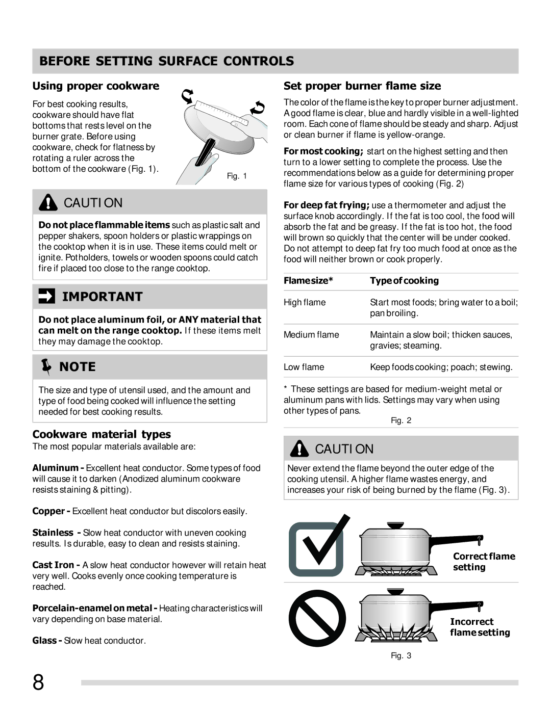 Frigidaire FFGF3013LW, FFGF3047LS Before Setting Surface Controls, Using proper cookware, Set proper burner flame size 