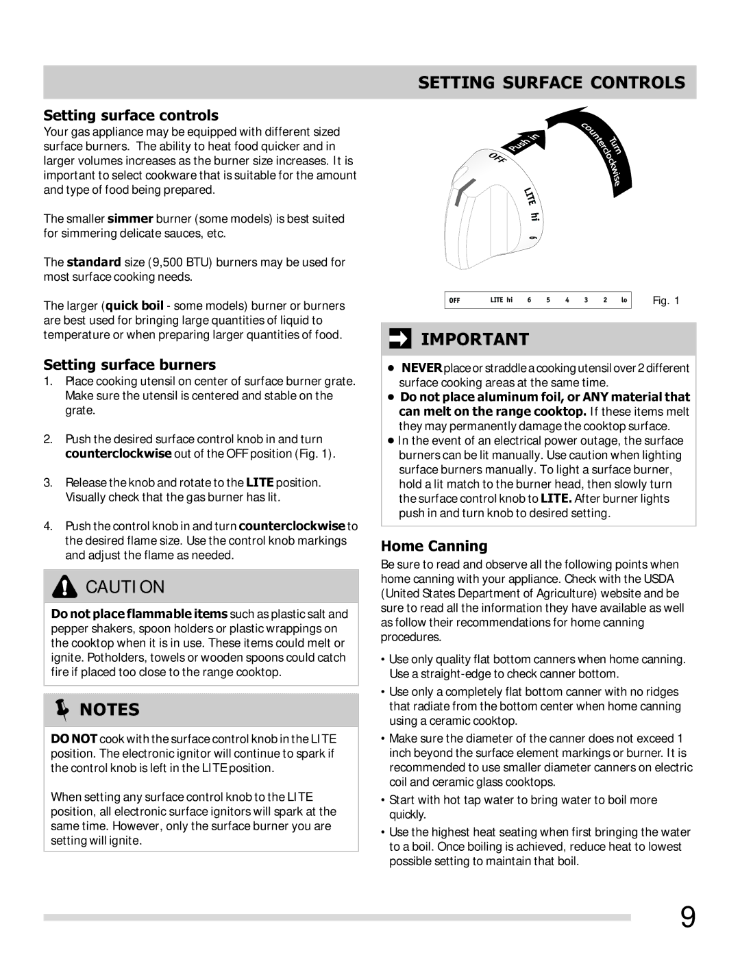 Frigidaire FFGF3015LM Setting Surface Controls, Setting surface controls, Setting surface burners, Home Canning 