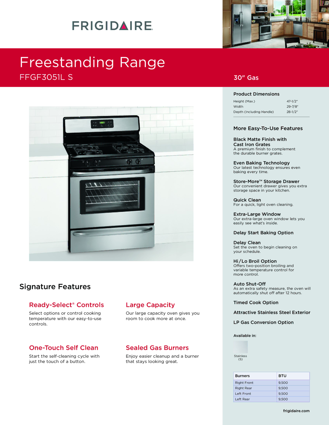 Frigidaire FFGF3051L S dimensions FreestandingD op-In CooktopRange 