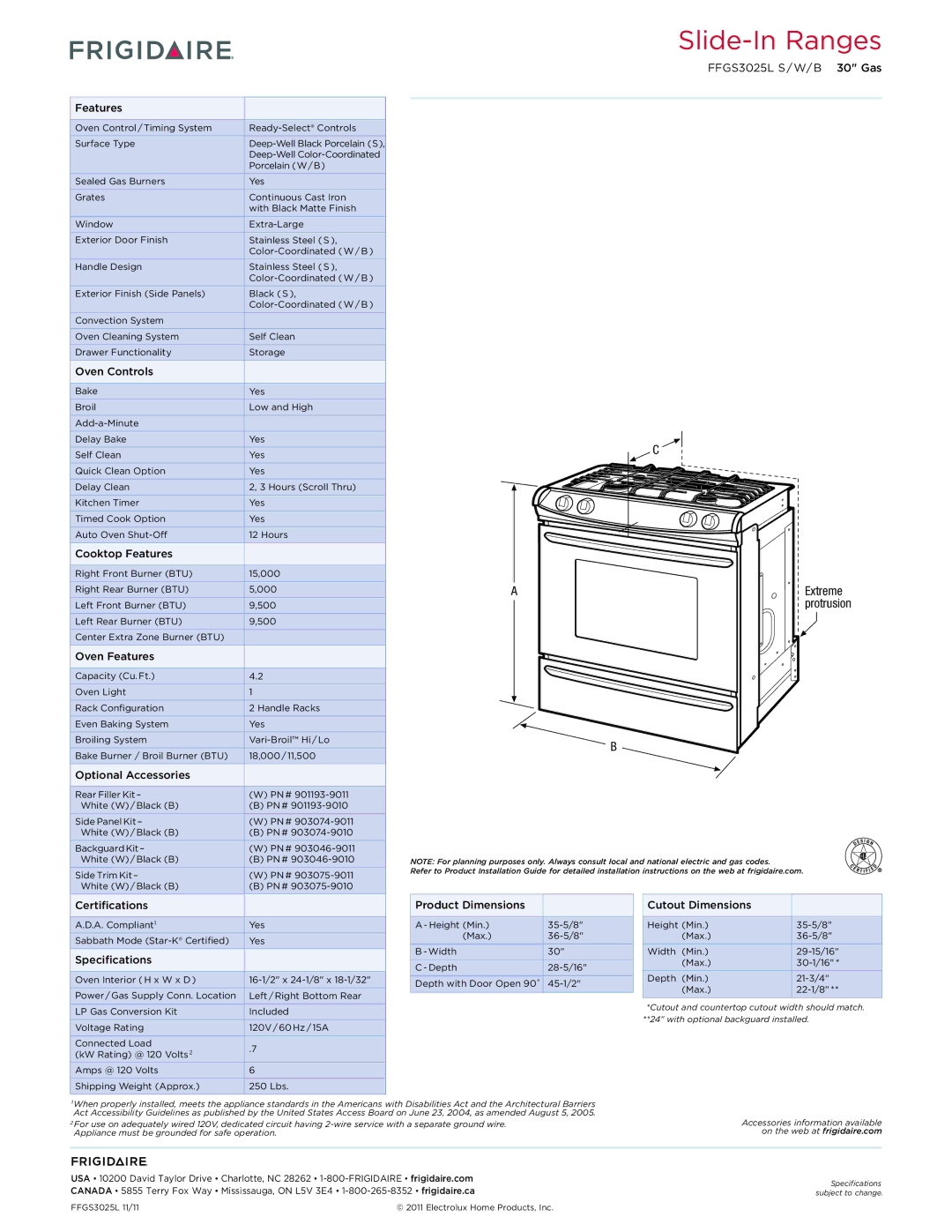 Frigidaire FFGS3025L S/W/B dimensions Slide-In Ranges 