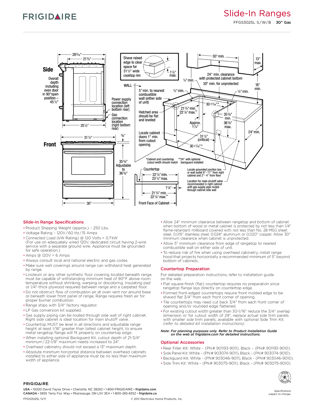 Frigidaire FFGS3025L S/W/B dimensions Rear Filler Kit White PN # 901193-9011, Black PN # 