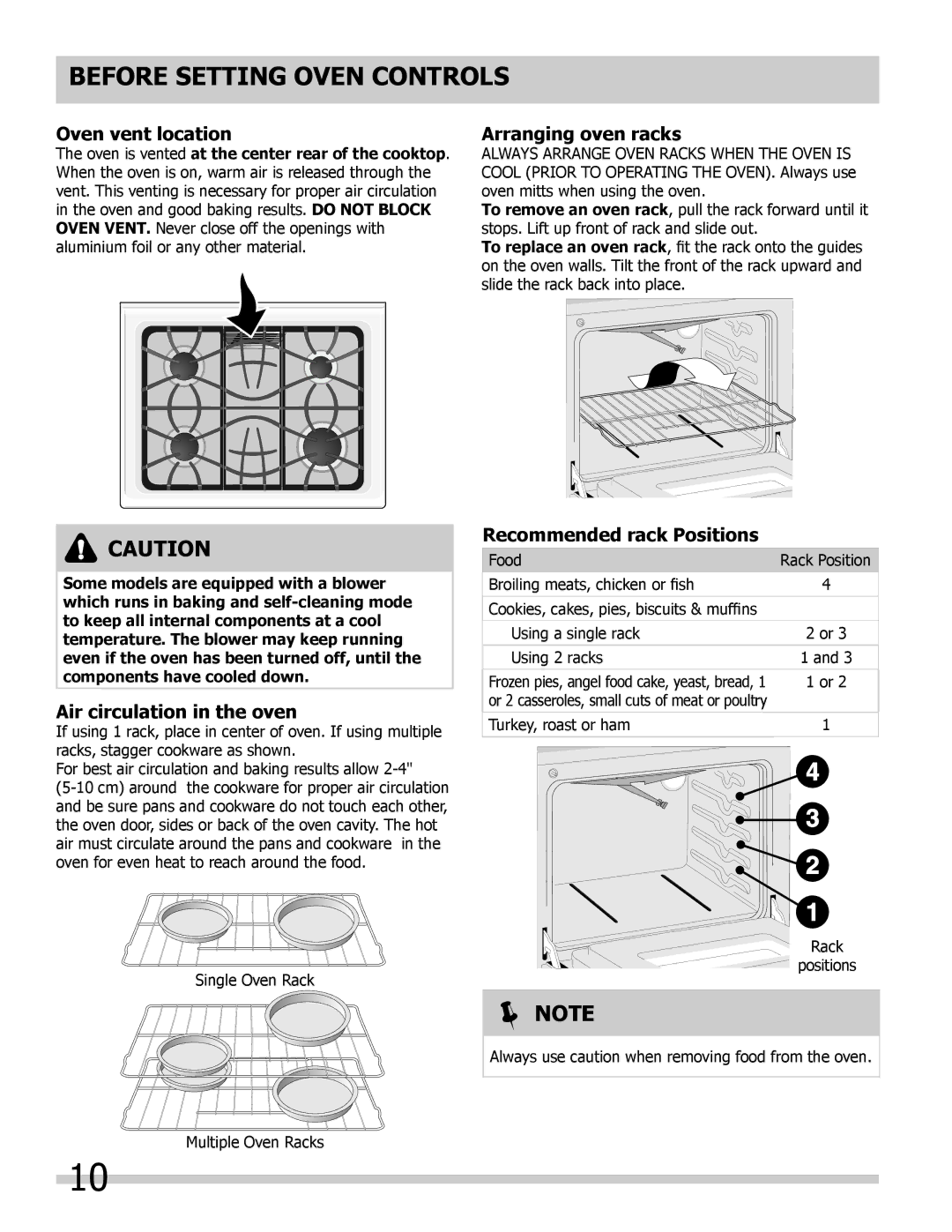 Frigidaire FFGS3025LS Oven vent location, Arranging oven racks, Air circulation in the oven, Recommended rack Positions 