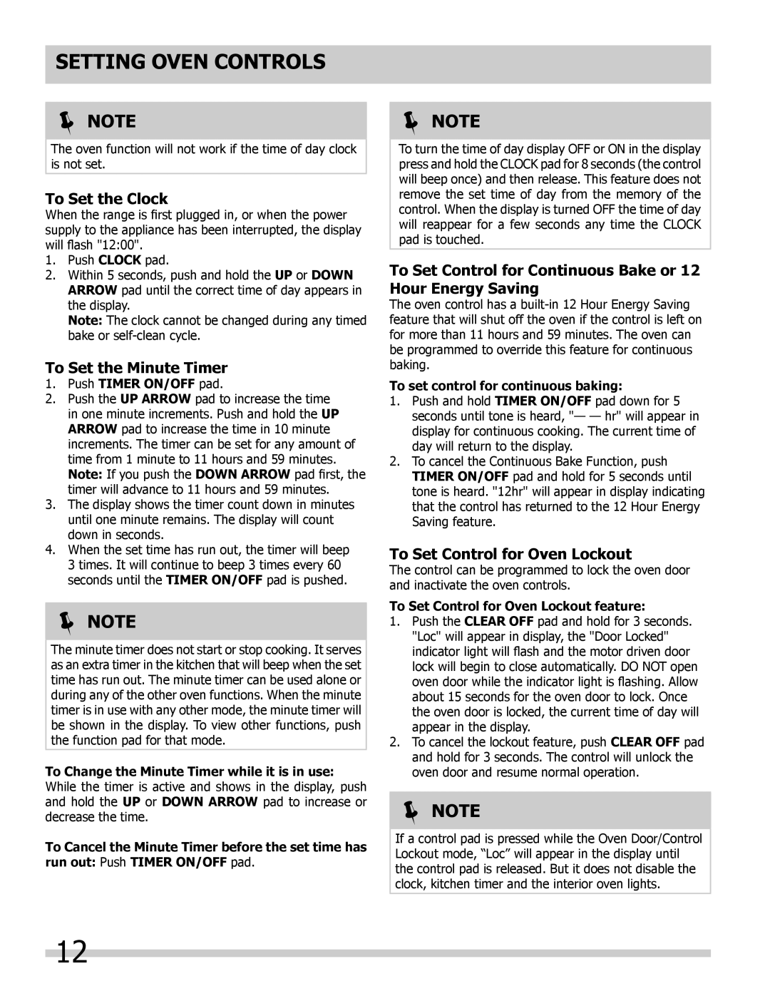 Frigidaire FFGS3025LB, FFGS3025LS, FFGS3025LW To Set the Clock, To Set the Minute Timer, To Set Control for Oven Lockout 