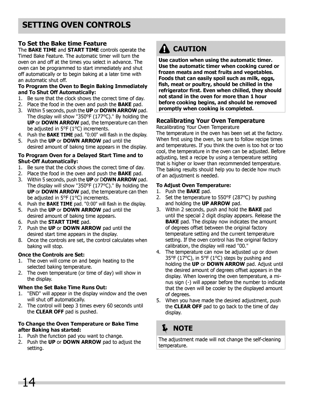 Frigidaire FFGS3025LW To Set the Bake time Feature, Recalibrating Your Oven Temperature, Once the Controls are Set 