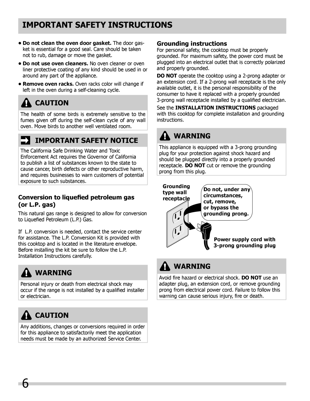 Frigidaire FFGS3025LB, FFGS3025LS, FFGS3025LW Conversion to liquefied petroleum gas or L.P. gas, Grounding instructions 