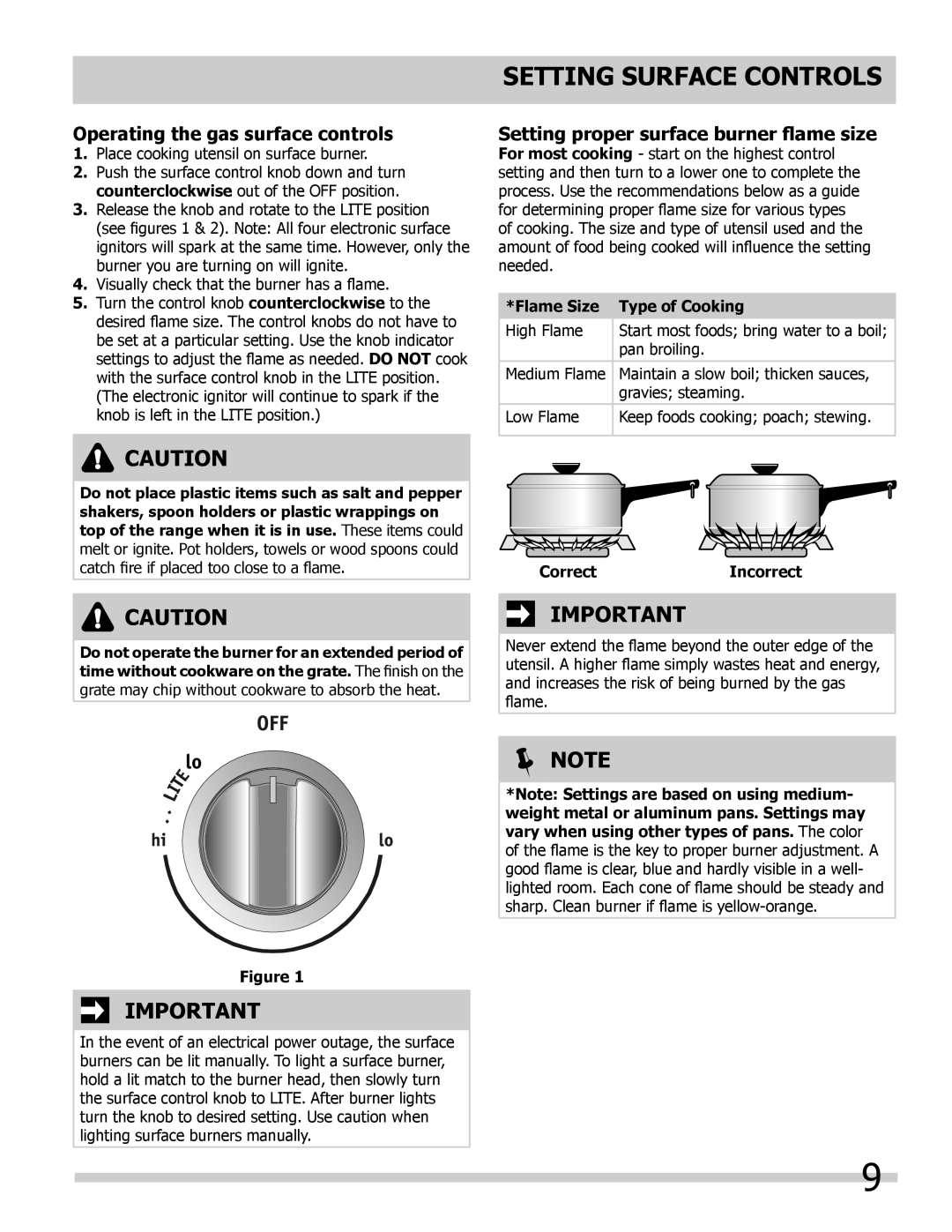 Frigidaire FFGS3025LB, FFGS3025LS Setting surface controls, Operating the gas surface controls, Flame Size Type of Cooking 