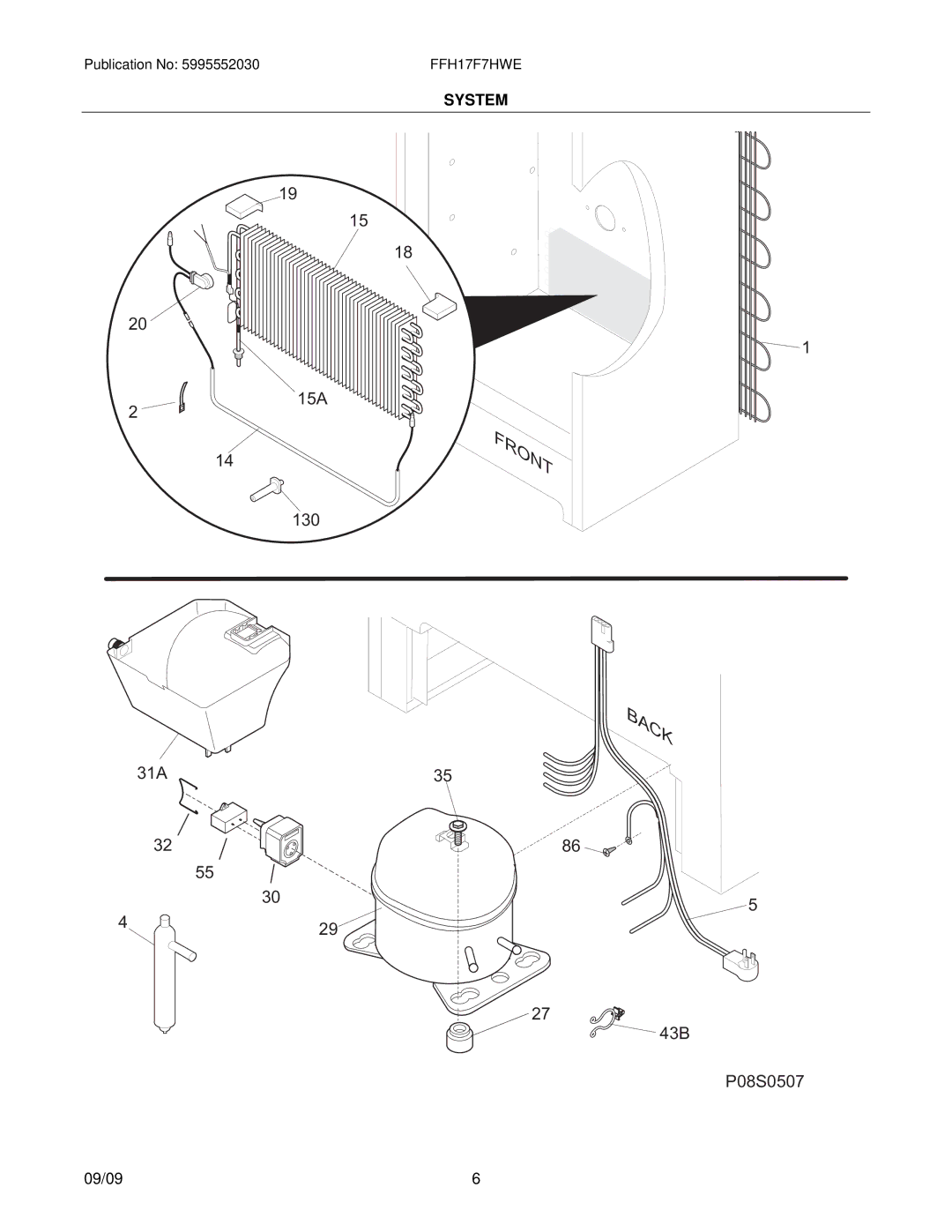 Frigidaire FFH17F7HW manual 15A, 130, 31A35 429 43B P08S0507 