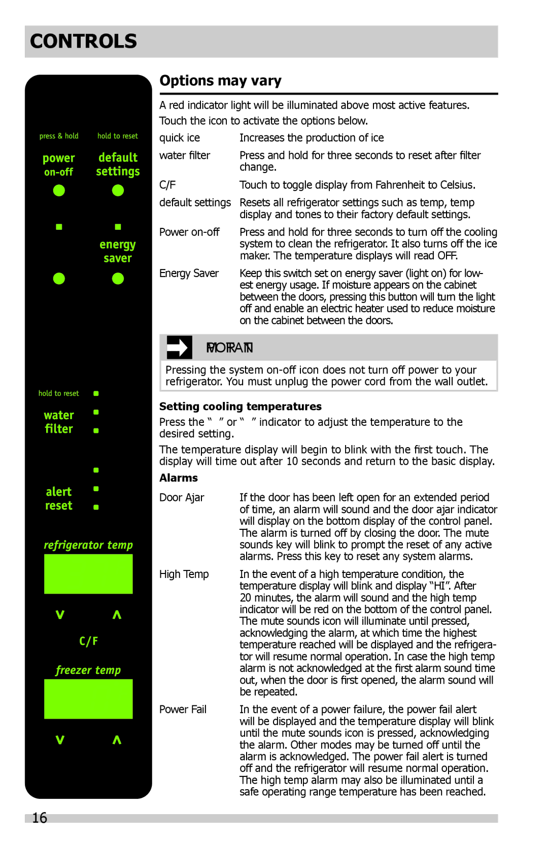 Frigidaire FFHN2740PSPKG, FFHN2740PS0 Controls, Options may vary, Setting cooling temperatures, Alarms 