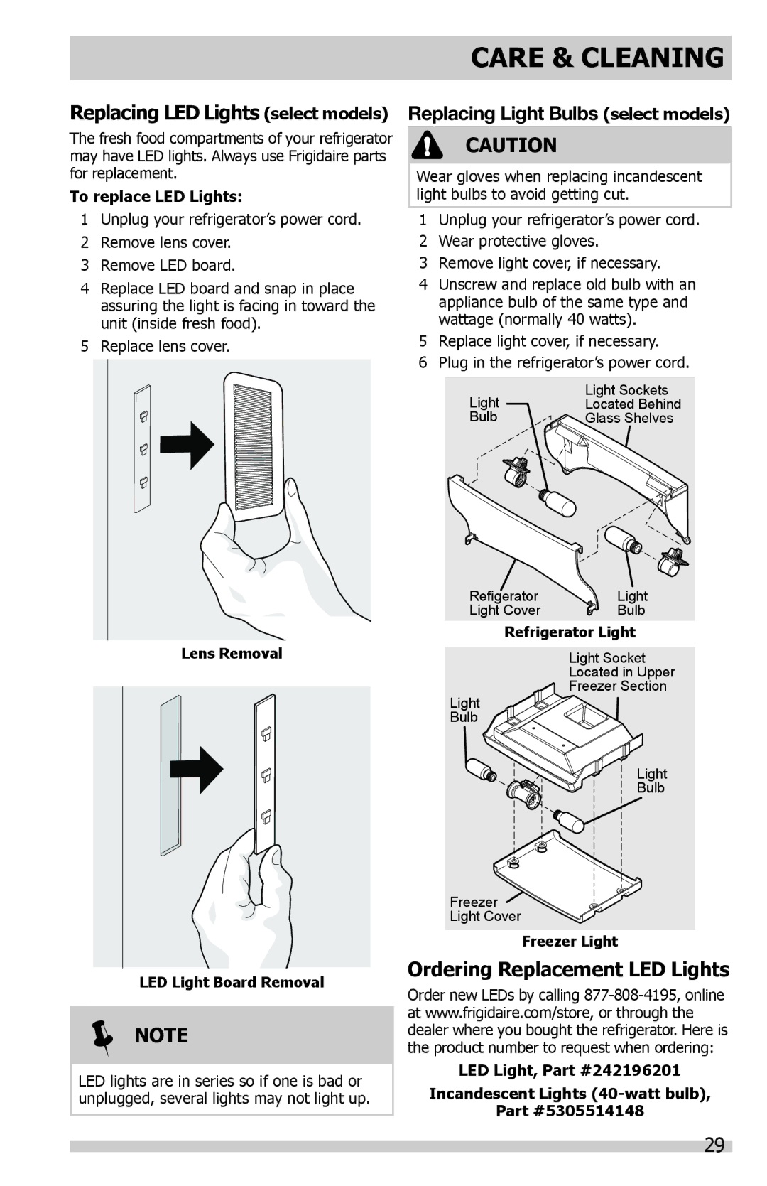 Frigidaire FFHN2740PS0 Replacing LED Lights select models, Ordering Replacement LED Lights, To replace LED Lights 