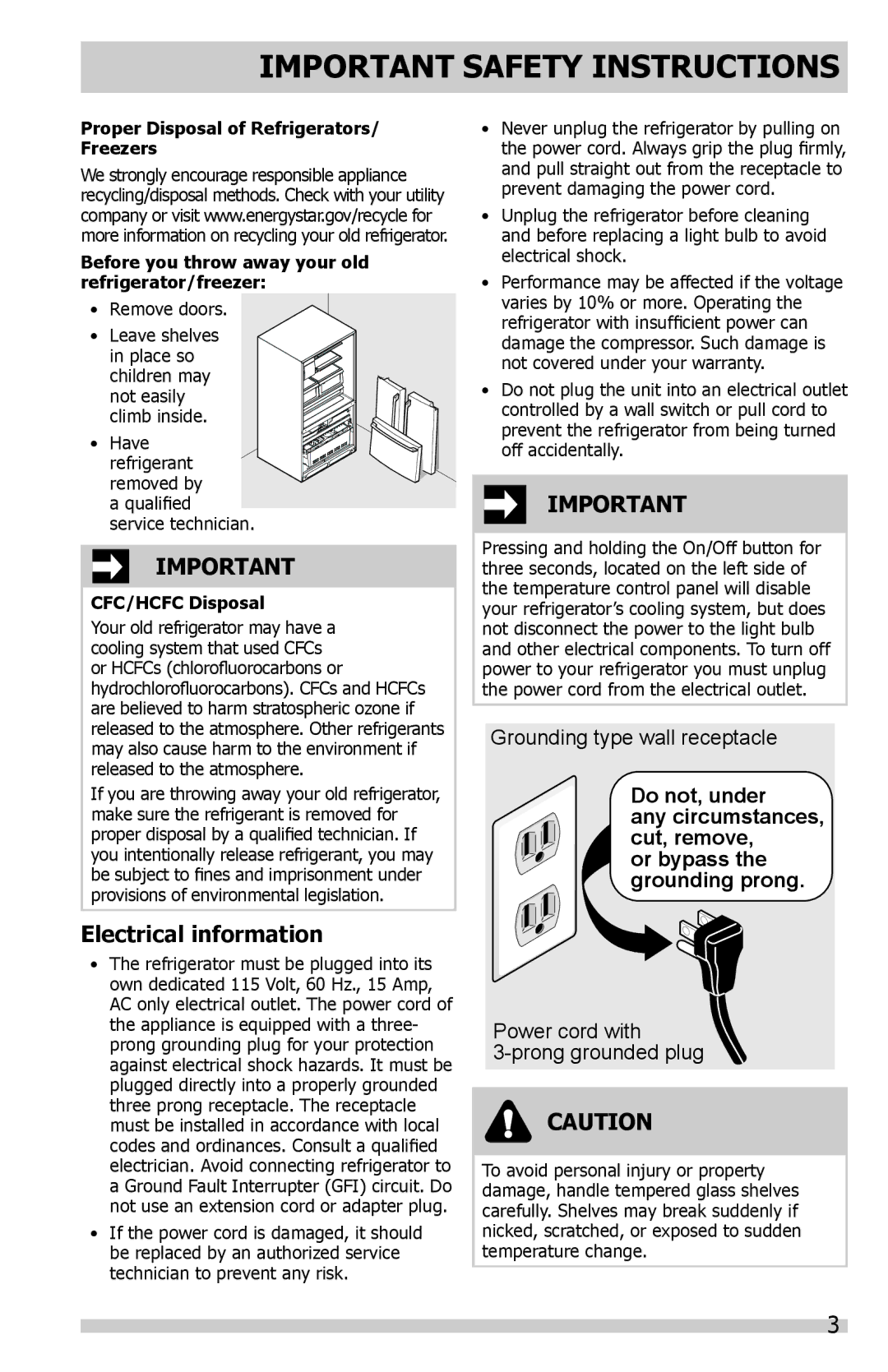 Frigidaire FFHN2740PSPKG, FFHN2740PS0 important safety instructions Electrical information, CFC/HCFC Disposal 