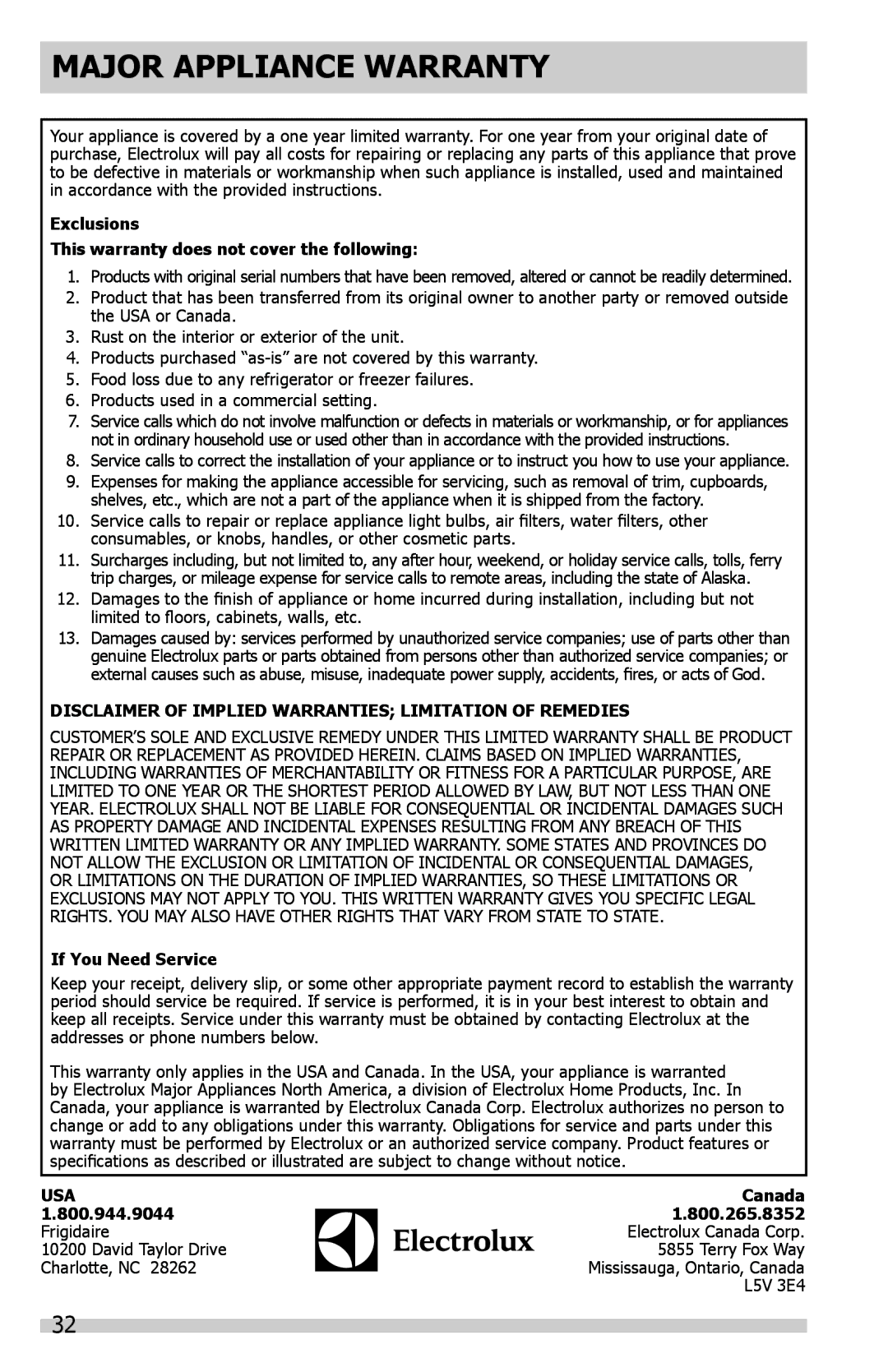 Frigidaire FFHN2740PS0, FFHN2740PSPKG Major Appliance Warranty, Exclusions This warranty does not cover the following 