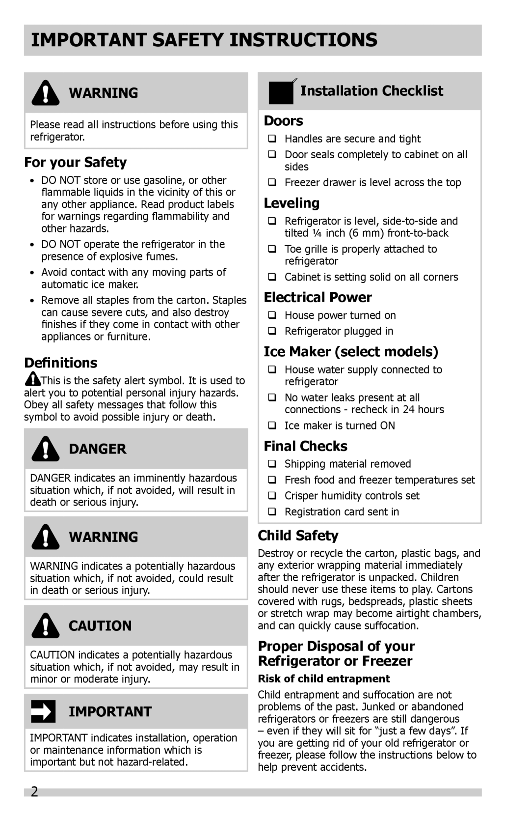 Frigidaire FFHN2740PS0 Important Safety Instructions, For your Safety, Definitions, Danger, Installation Checklist Doors 