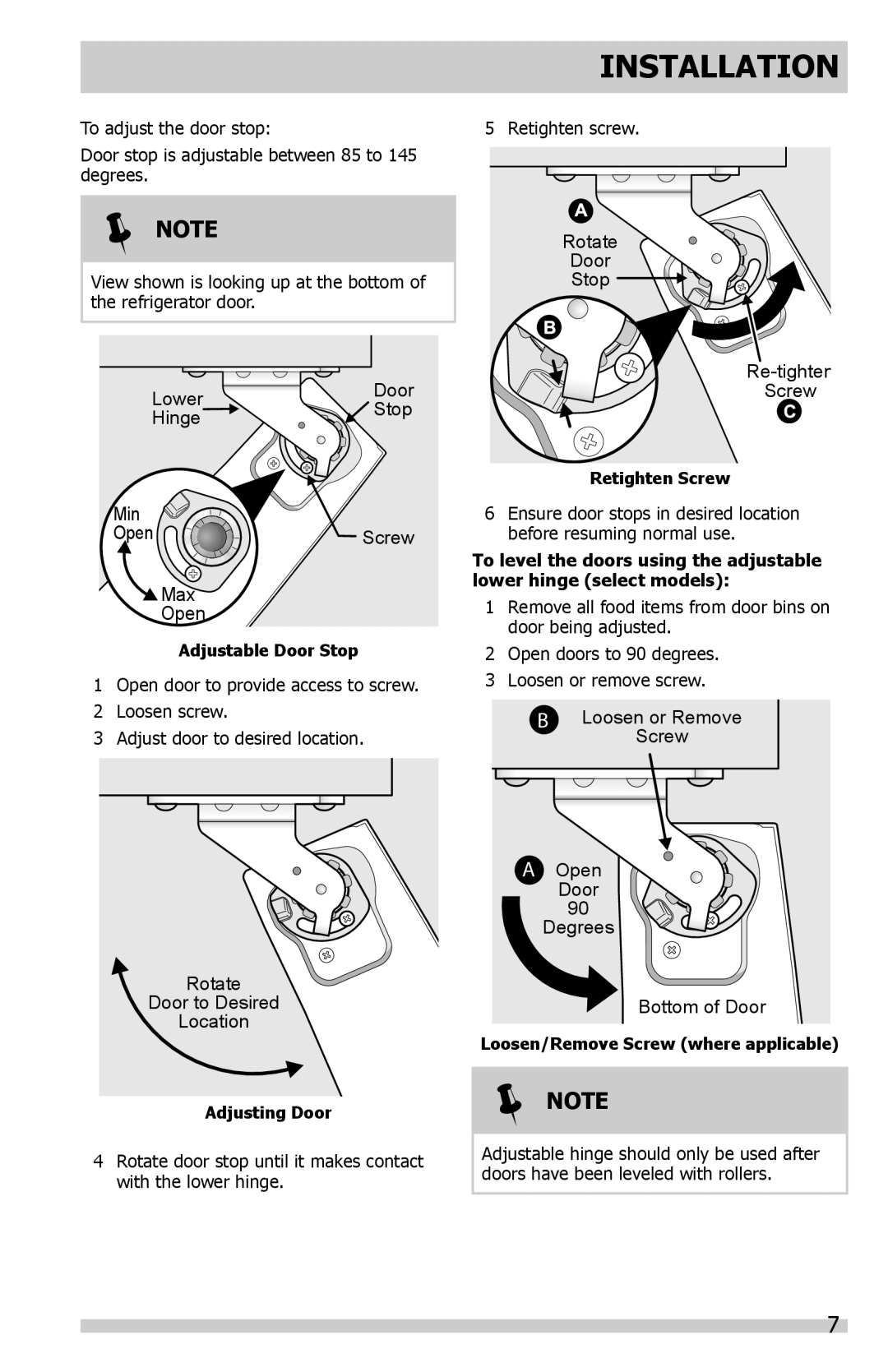 Frigidaire FFHN2740PSPKG, FFHN2740PS0 important safety instructions Installation,  Note, To adjust the door stop 