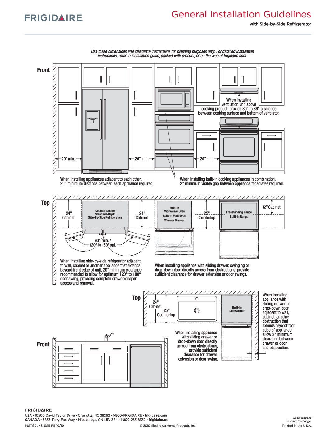 Frigidaire FFHS2311L W/Q dimensions General Installation Guidelines, Top Front 