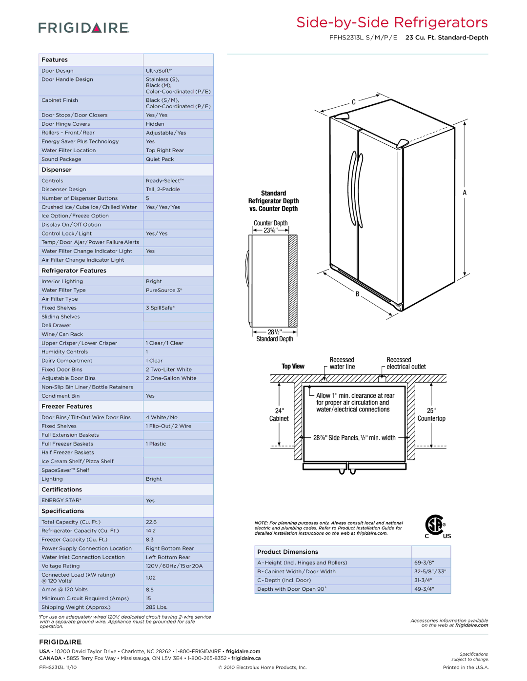 Frigidaire FFHS2313L dimensions Side-by-Side Refrigerators 