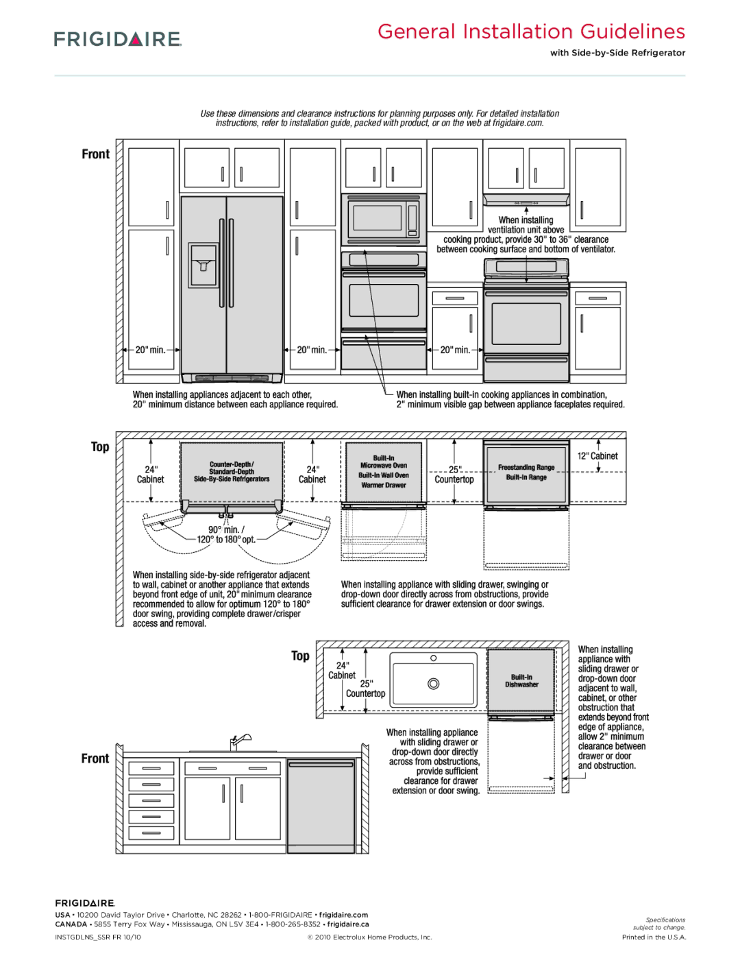 Frigidaire FFHS2313L dimensions General Installation Guidelines, Top Front 