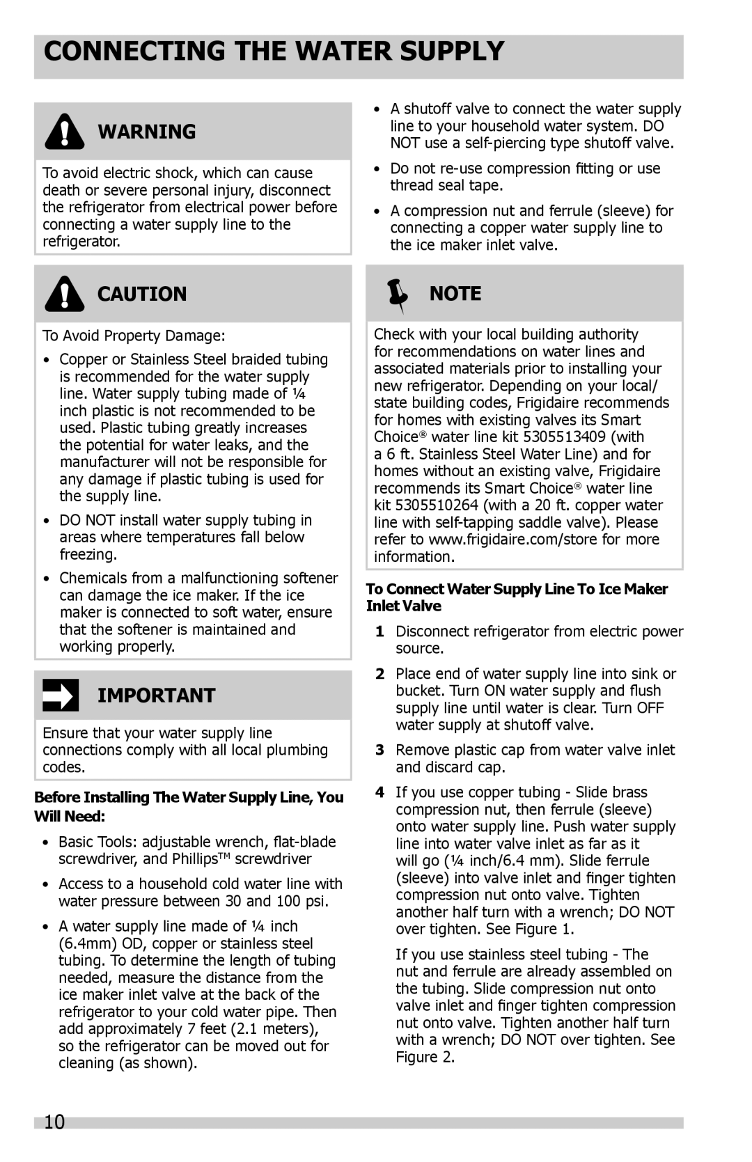 Frigidaire FFHS2322MS, FFHS2622MS Connecting the Water Supply, Before Installing The Water Supply Line, You Will Need 