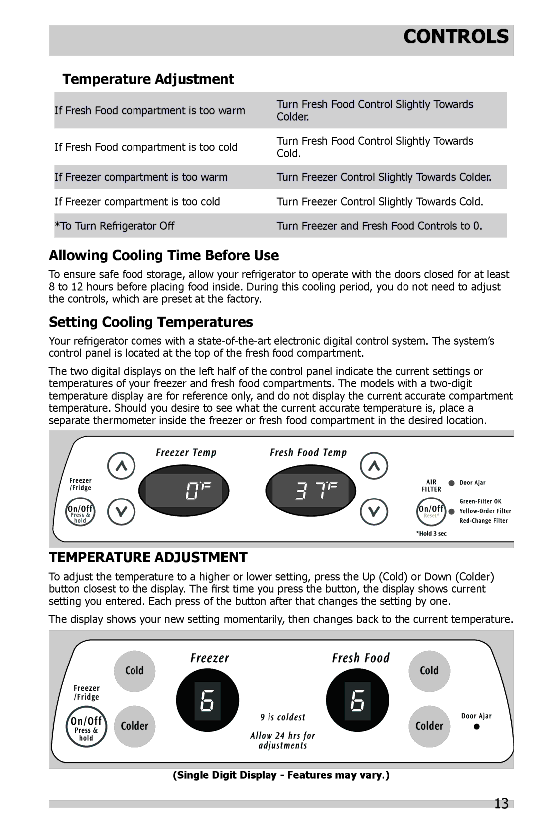 Frigidaire FFHS2322MW, FFHS2622MS, FFHS2622MW, FFHS2322MB Allowing Cooling Time Before Use, Setting Cooling Temperatures 