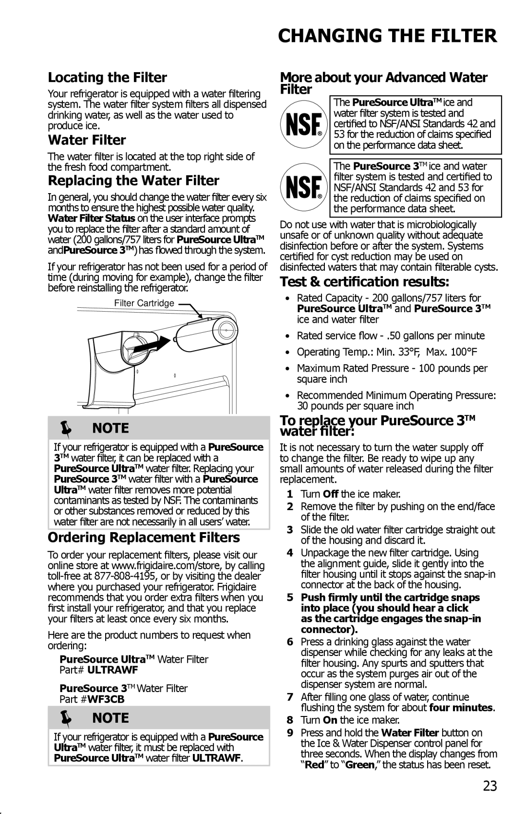 Frigidaire FFHS2622MW, FFHS2622MS, FFHS2322MW, FFHS2322MB, FFHS2622MQ, FFHS2313LP, FFHS2313LM, FFHS2313LS Changing the Filter 